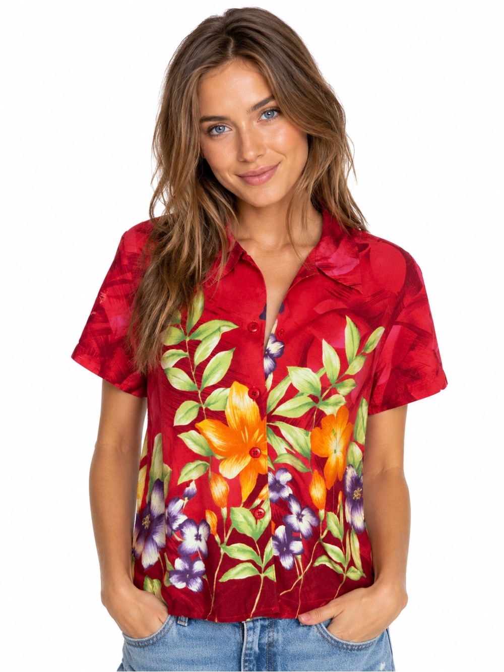 Vintage 70s California Krush Hawaiian Floral Rayon Camp Shirt Red Tropical
